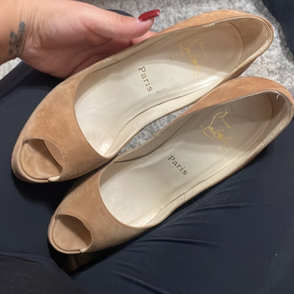 Christian Louboutin beige platform peep toe heels